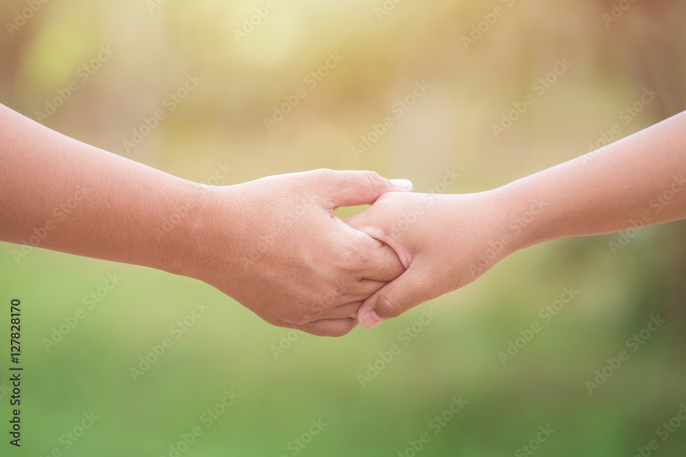 Two hands holding together. Help or support concept. On green bl Two hands holding together. Help or support concept. On green bl