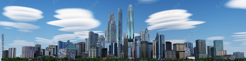 Panorama of the city in the clouds. City landscape. 