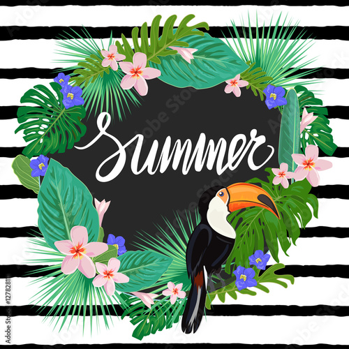 Template with tropic plants, exotic flowers and toucan bird
