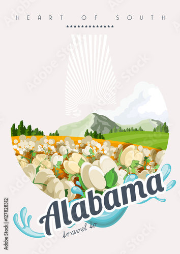 Alabama vector poster. American travel banner. Illustration about United States of America. Background with USA theme