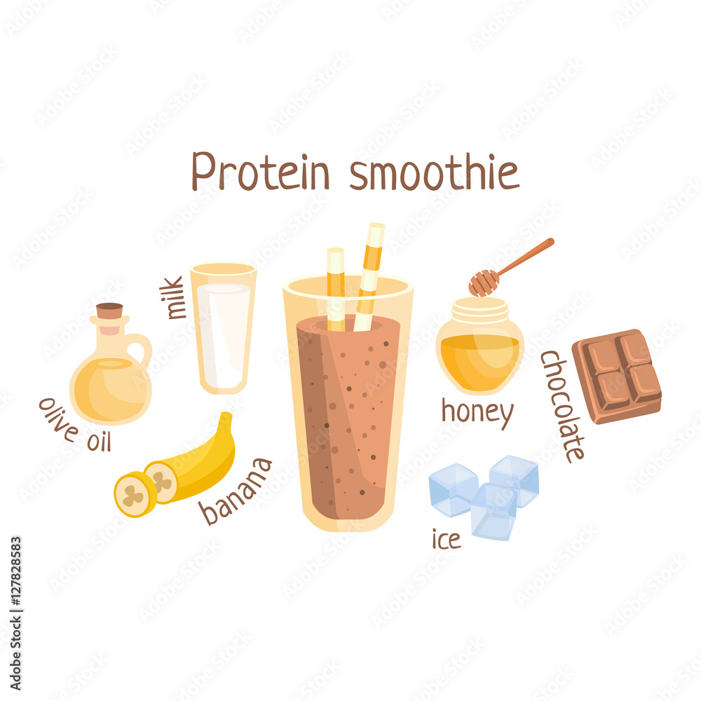 Protein Smoothie Infographic Recipe With Needed Ingredients And Finished  Mixed Non-Alcoholic Cocktail Drink In The Middle Cartoon Vector  Illustration. Stock Vector | Adobe Stock