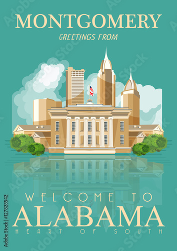 Alabama vector poster. American travel banner. Illustration about United States of America. Background with USA theme