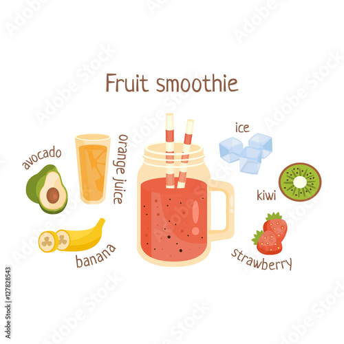 Fruit Smoothie Infographic Recipe With Needed Ingredients And Finished Mixed Non-Alcoholic Cocktail Drink In The Middle Cartoon Vector Illustration.