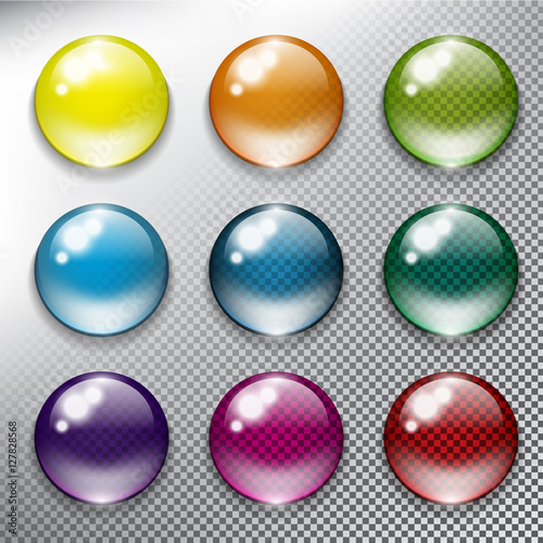 Abstract vector web buttons set of 9. Isolated with realistic, transparent glass shine and shadow on the light background. Vector illustration. Eps10.