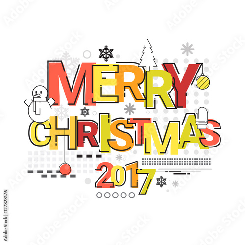 Merry Christmas Happy New Year Simple Line Sketch Banner Card Outline Vector Illustration