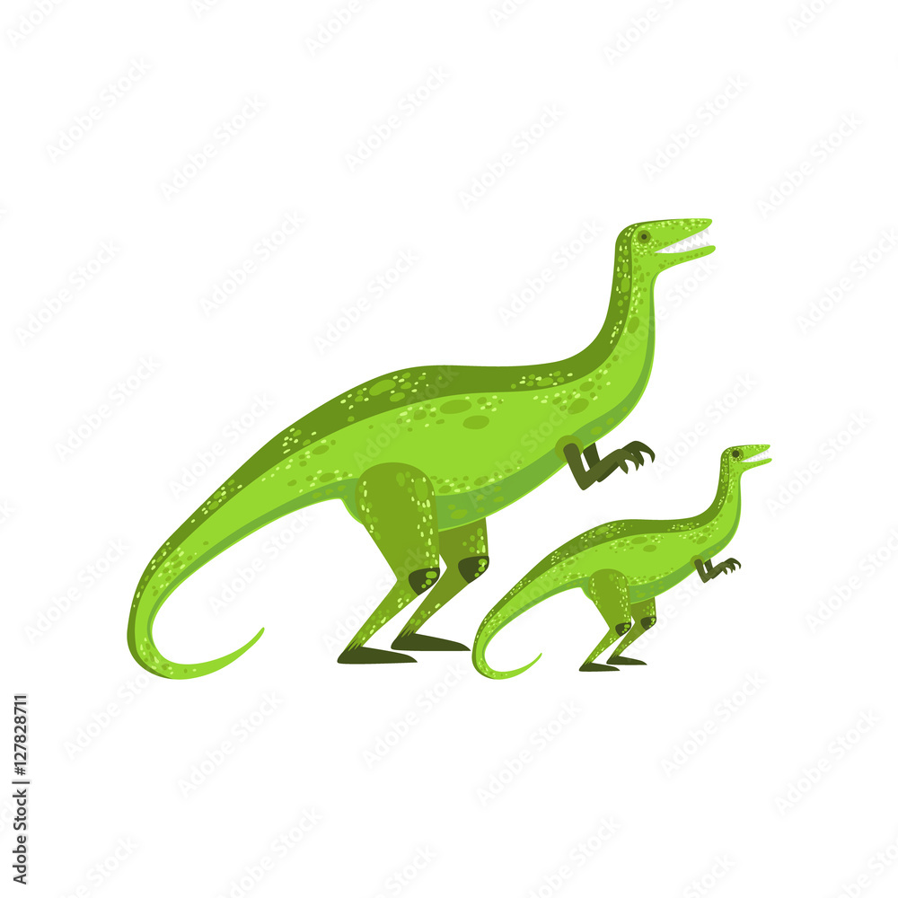 Obraz premium Velociraptor Dinosaur Prehistoric Monster Couple Of Similar Specimen Big And Small Cartoon Vector Illustration