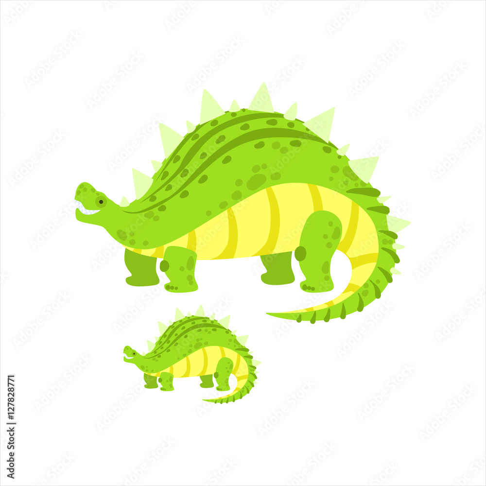 Fototapeta premium Green Stegosaurus Dinosaur Prehistoric Monster Couple Of Similar Specimen Big And Small Cartoon Vector Illustration