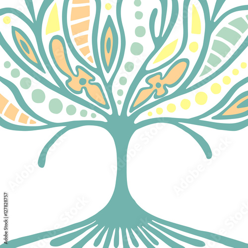 Vector hand drawn illustration, decorative ornamental stylized tree. Abstract graphic illustration isolated on the white background. Artistic drawing silhouette. Decorative  ornamental wood