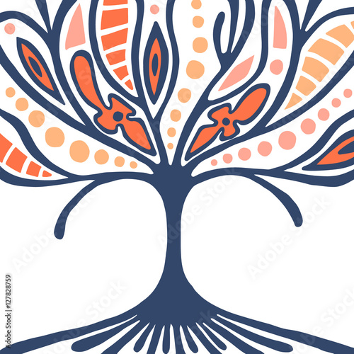 Vector hand drawn illustration, decorative ornamental stylized tree. Abstract graphic illustration isolated on the white background. Artistic drawing silhouette. Decorative  ornamental wood