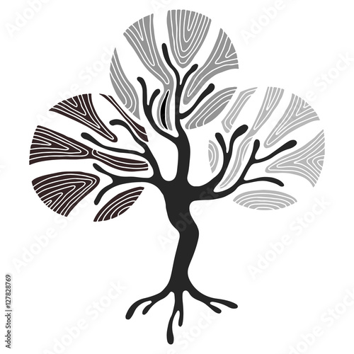 Vector hand drawn illustration, decorative ornamental stylized tree. Abstract graphic illustration isolated on the white background. Artistic drawing silhouette. Decorative  ornamental wood