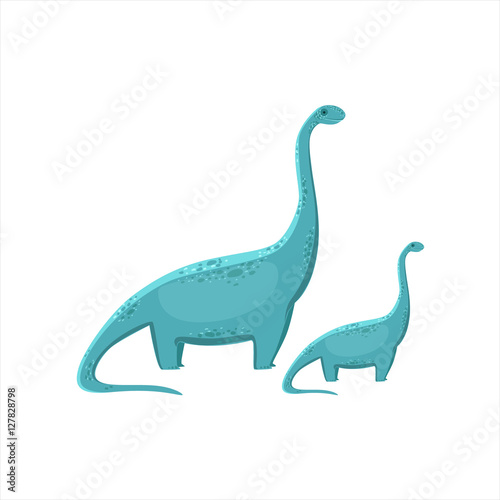 Blue Brahiosaurus Dinosaur Prehistoric Monster Couple Of Similar Specimen Big And Small Cartoon Vector Illustration