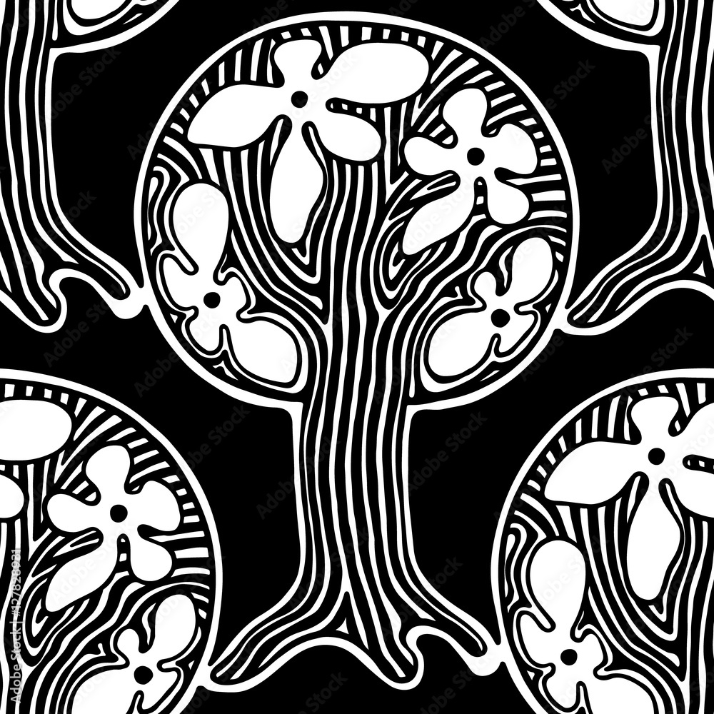 Seamless pattern, vector hand drawn repeating illustration, decorative ornamental stylized endless trees. Black and white astract seamles graphic illustration. Artistic line drawing silhouette. Seamless pattern, vector hand drawn repeating illustration, decorative ornamental stylized endless trees. Black and white astract seamles graphic illustration. Artistic line drawing silhouette.