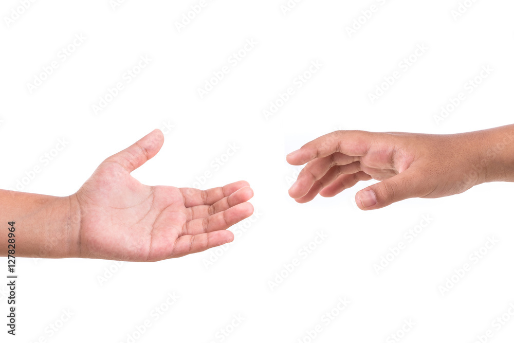 Two hands try to reach. Help concept. Isolated on white Two hands try to reach. Help concept. Isolated on white