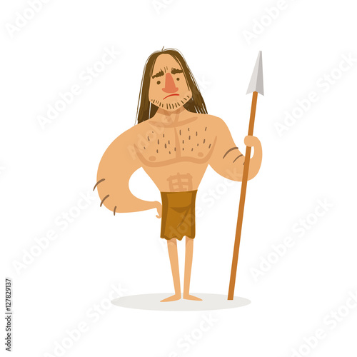 Tall Muscly Warrior With A Spear Wearing Loincloth Cartoon Illustration Of First Homo Sapiens Troglodyte In Animal Pelt Living In Stone Age