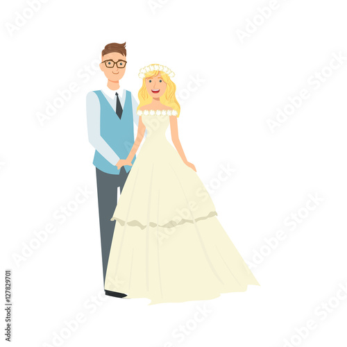 Blond Bride With Loose Hair And Groom Newlywed Couple In Traditional Wedding Dress And Suit Smiling And Posing For Photo