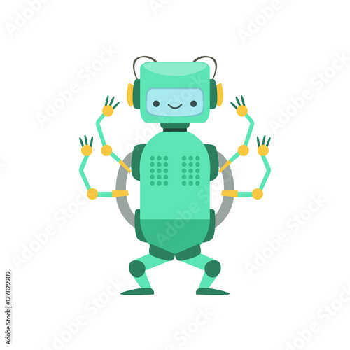 Green Friendly Android Robot Character With Four Arms Vector Cartoon Illustration