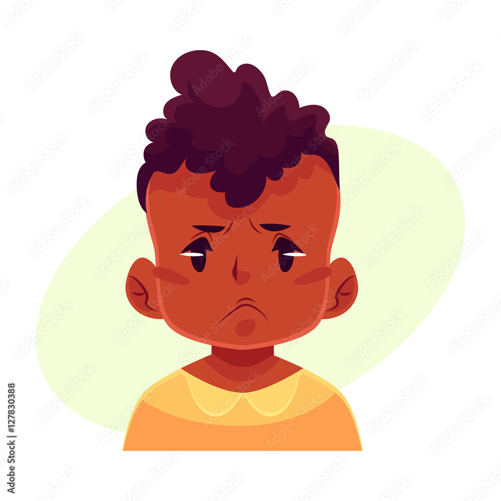 Little boy face, angry facial expression, cartoon vector illustrations isolated on yellow background. black male kid emoji face, feeling distresses, frustrated, sullen, upset. Angry face expression Little boy face, angry facial expression, cartoon vector illustrations isolated on yellow background. black male kid emoji face, feeling distresses, frustrated, sullen, upset. Angry face expression