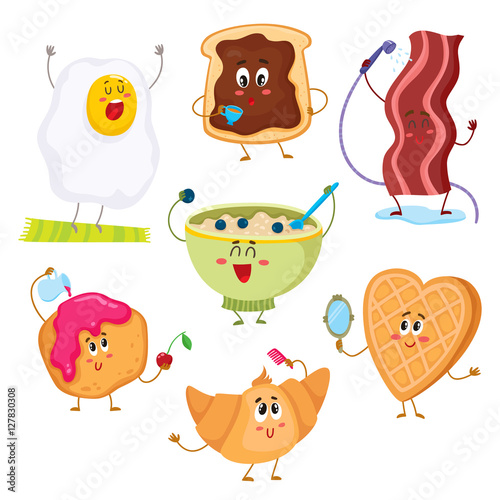 Set of cute and funny breakfast characters, cartoon vector illustration isolated on white background. Fried egg, bacon, croissant, cereal, toast with chocolate spread, waffle and donut characters