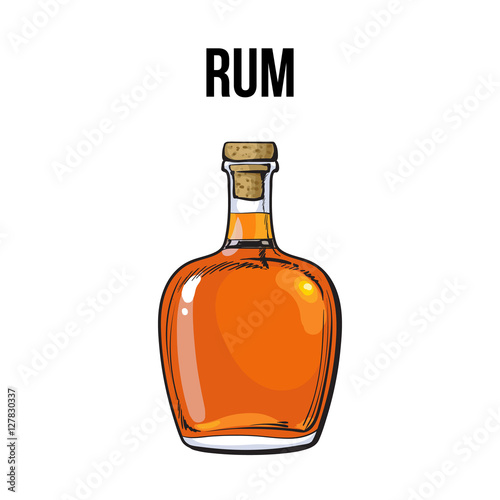 Full Jamaican rum bellied bottle, sketch style vector illustration isolated on white background. Realistic hand drawing of an unlabeled, unopened rum, brandy, whiskey bottle