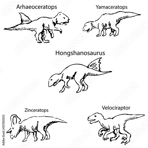 Dinosaurs with names. Pencil sketch by hand