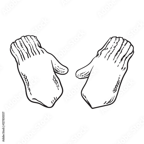 Pair of bright winter knitted mittens with snowflakes, sketch style vector illustrations isolated on white background. Hand drawn woolen mittens with knitted snoflakes, winter accessory