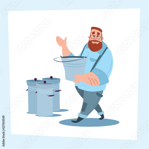 Milkman Farmer Hold Milk Pail Eco Farming Concept Flat Vector Illustration