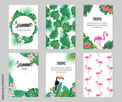 Set of six cards with tropic elements. Seamless patterns with flamingo and tropic plants.