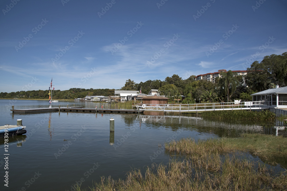 Obraz Lake Dora Florida USA - October 2106 - Landing stage for boats on the waterfront of Lake Dora