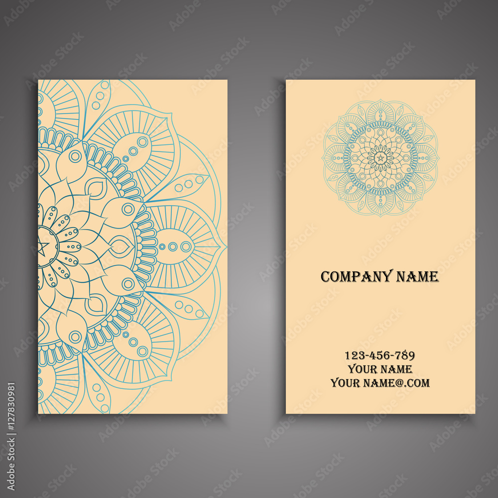 Vector business card. Floral mandala pattern and ornaments. Orie Vector business card. Floral mandala pattern and ornaments. Orie