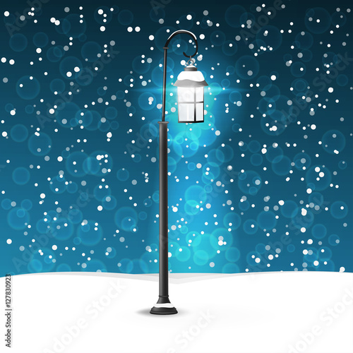 Winter city park with a wooden bench and a lantern. vector illustration
