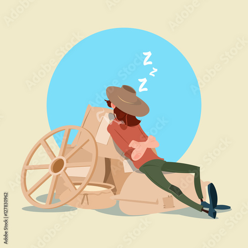 Farmer Countryman Sleeping On WHeat Sacks Flat Vector Illustration