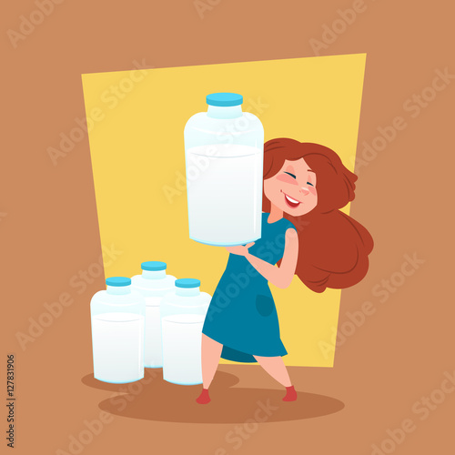 Small Girl Farmer Hold Milk Bottle Eco Farming Concept Flat Vector Illustration