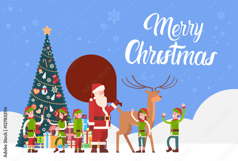 Santa Claus Carry Present Sack, Elfs Pine Tree Greeting Card Merry Christmas Happy New Year Flat Vector Illustration Santa Claus Carry Present Sack, Elfs Pine Tree Greeting Card Merry Christmas Happy New Year Flat Vector Illustration