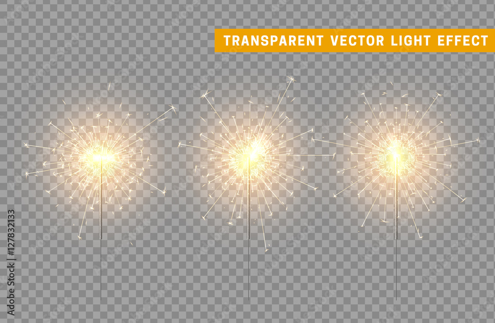 Festive Christmas sparkler decoration lighting element. Sparkler vector firework. Magic light isolated effect. For the background of the holiday and birthday