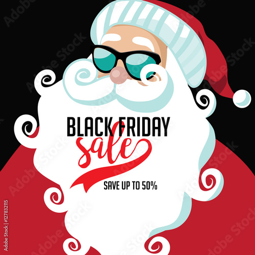 
Cartoon Santa Claus with curly beard Black Friday marketing design. EPS 10 vector.