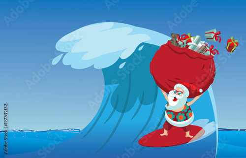 Cartoon Santa Claus surfing a gnarly wave while delivering Christmas gifts. Background with copy space for tropical Christmas or after Christmas.