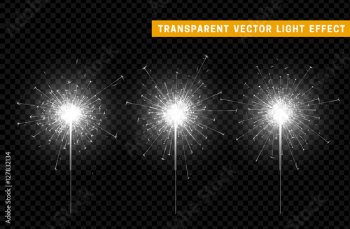 Festive Christmas sparkler decoration lighting element. Sparkler vector firework. Magic light isolated effect. For the background of the holiday and birthday