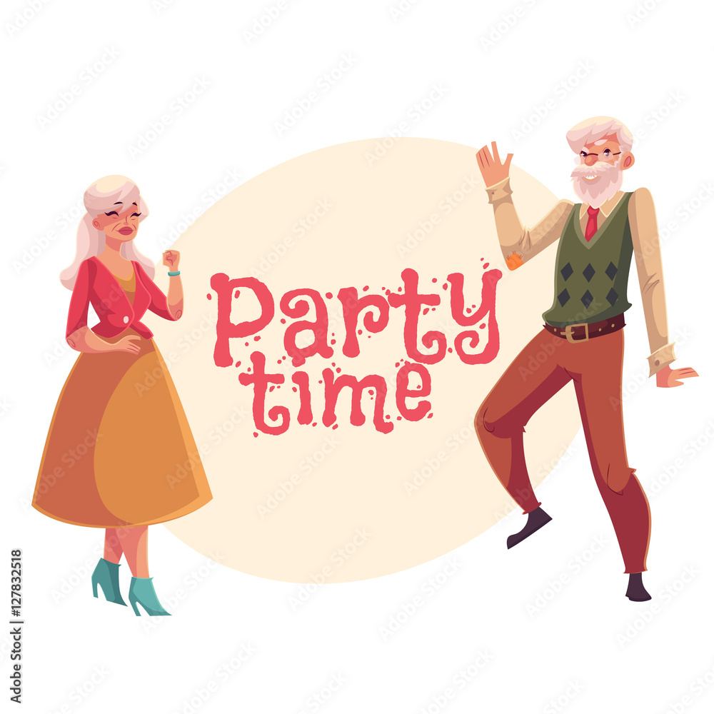 Old, senior man and woman dancing, cartoon style invitation, banner, poster, greeting card design. Senior dance party invitation, advertisement, poster template with old lady and gentleman dancing Old, senior man and woman dancing, cartoon style invitation, banner, poster, greeting card design. Senior dance party invitation, advertisement, poster template with old lady and gentleman dancing