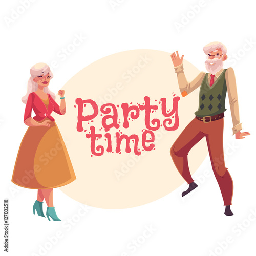 Old, senior man and woman dancing, cartoon style invitation, banner, poster, greeting card design. Senior dance party invitation, advertisement, poster template with old lady and gentleman dancing