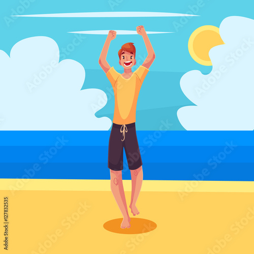 Young barefooted red man in sun glassses dancing on the beach, cartoon vector illustration. Young, beautiful man, boy with long blond hair dancing at the beach on a wonderful sunny day