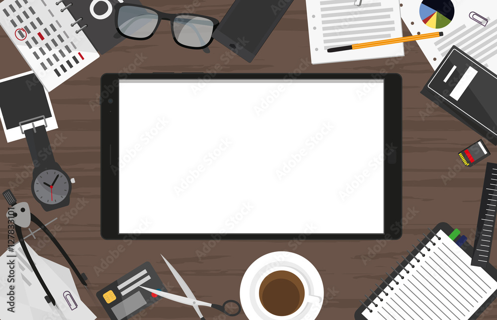Tablet with white screen on business office desk Tablet with white screen on business office desk