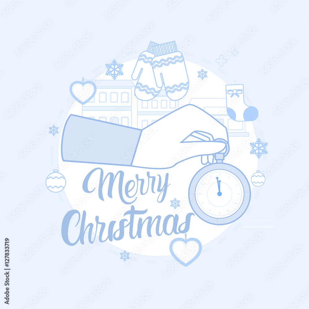 Hand Hold Clock Happy New Year Merry Christmas Greeting Card Thin Line Vector Illustration Hand Hold Clock Happy New Year Merry Christmas Greeting Card Thin Line Vector Illustration