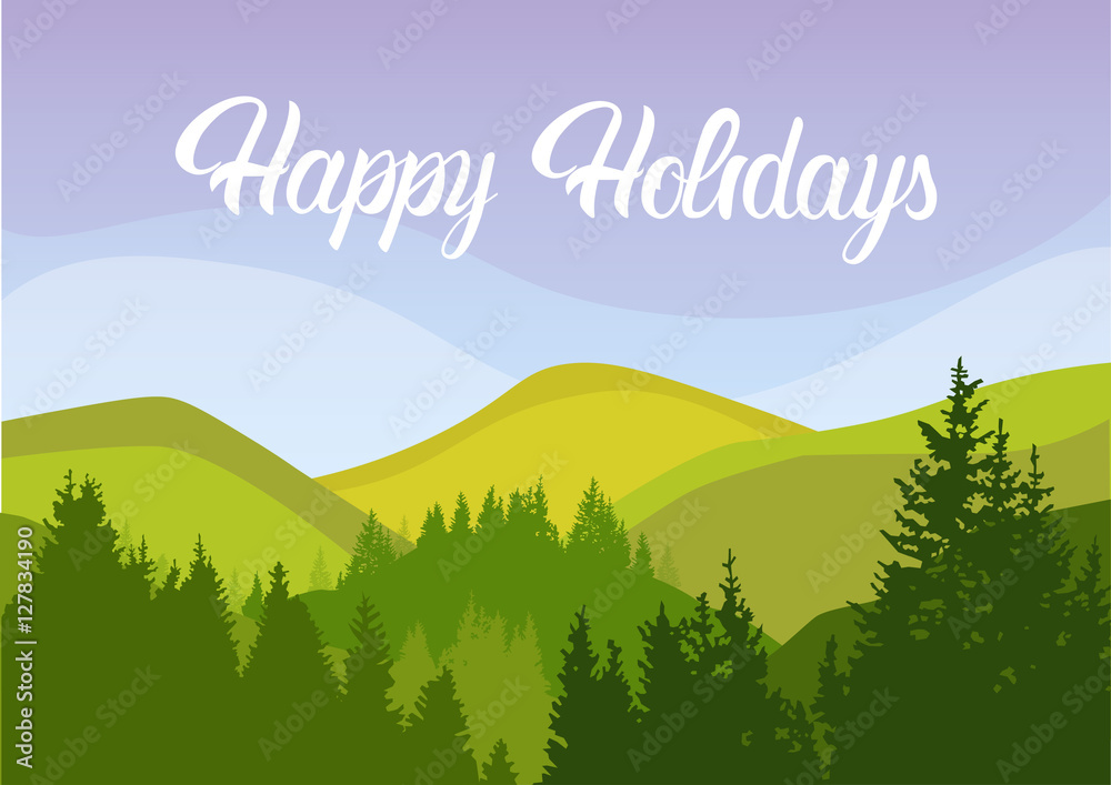 Happy Holiday Summer Landscape Mountain Forest Sky Woods Flat Vector Illustration