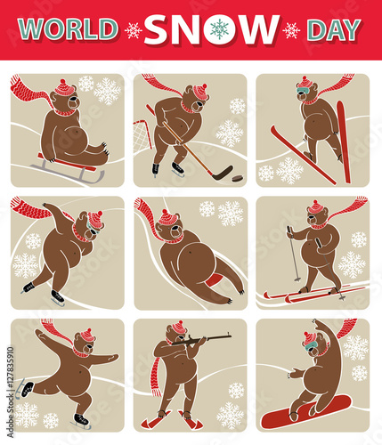 World snow day.Bear plays winter sport.Icon set