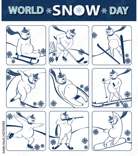 World snow day.Bear plays winter sport.Icons