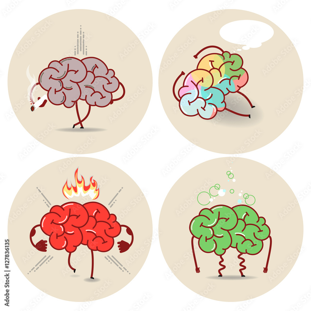 Brain cartoon, various kinds of bad habits. Anger, addict, poisoning,  smoking. Vector isolated set of images Stock Vector | Adobe Stock