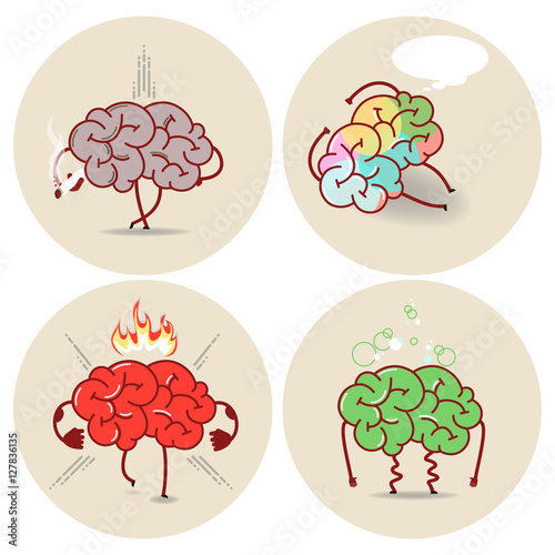 Brain cartoon, various kinds of bad habits. Anger, addict, poisoning, smoking. Vector isolated set of images