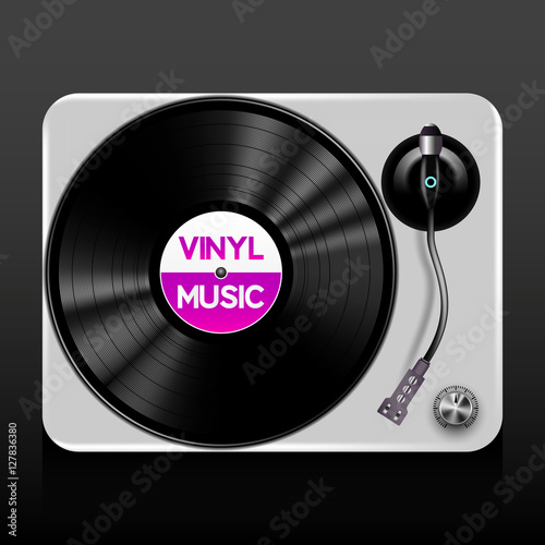 Gramophone with Black vinyl record on dark background, realistic vector illustration