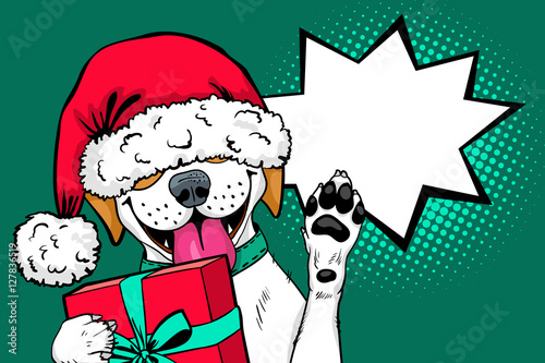 Wow pop art dog face. Funny surprised dog in Santa Claus hat with open mouth and gift box rises his paw up and speech bubble. Vector Christmas illustration in retro comic style. New Year background.