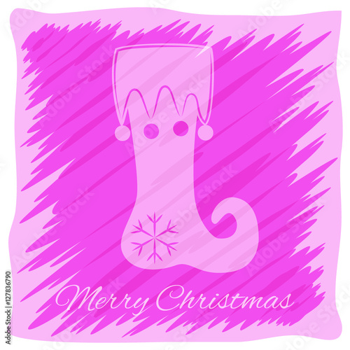 Christmas or New Year's greeting card. Vector logo, emblem design. Bright pink and purple stripes painted carelessly. Transparent silhouette of a Christmas boot.